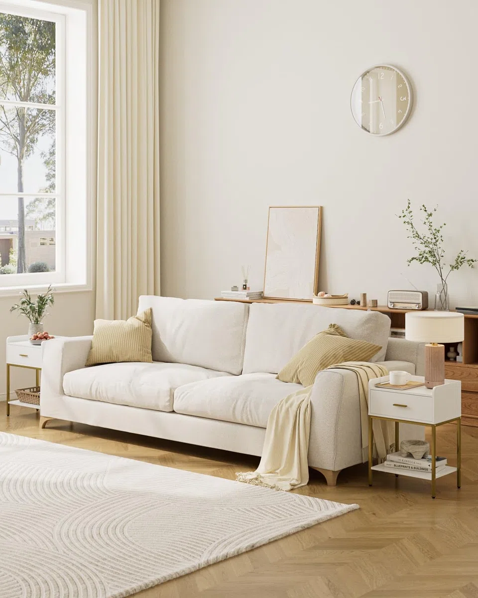 HEYZOEY Mesita de Noche Moderna de 3 Niveles con cajón de Almacenamiento y Estante, Mesa Auxiliar pequeña con Patas Doradas para Dormitorio, Sala de Estar, Color Blanco