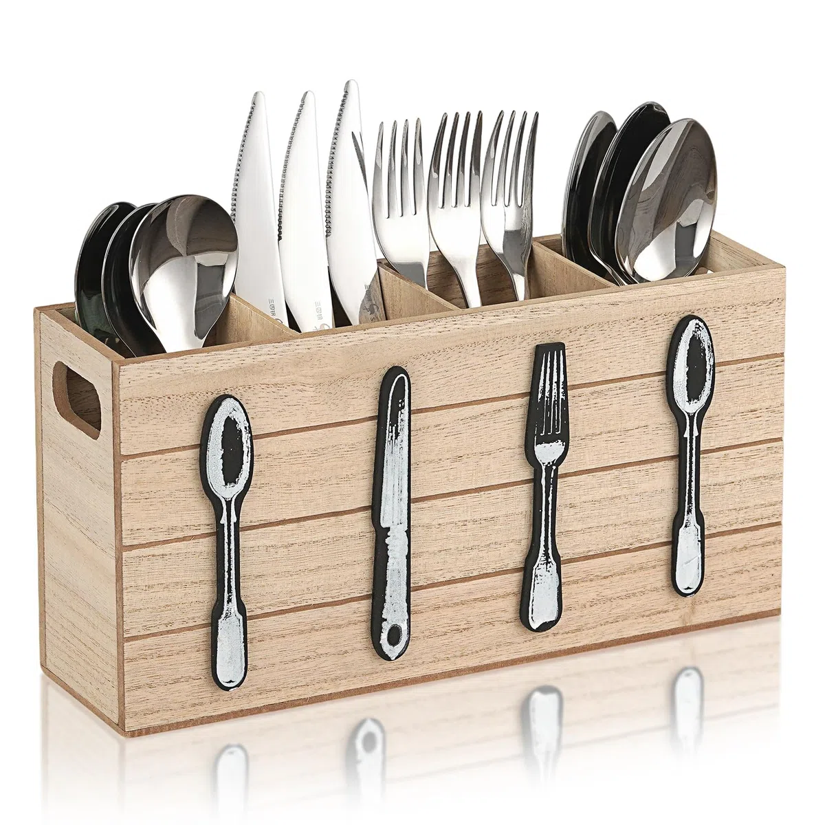 Soporte para cubiertos de madera con 4 compartimentos, rústico, para mesa, almacenamiento vertical de cubiertos para fiestas, hogar y restaurante