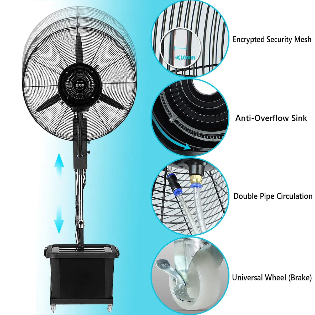 Kit de ventilador de nebulización para exteriores con tanque de 11 galones, ventilador de pedestal oscilante ajustable para garaje y tienda