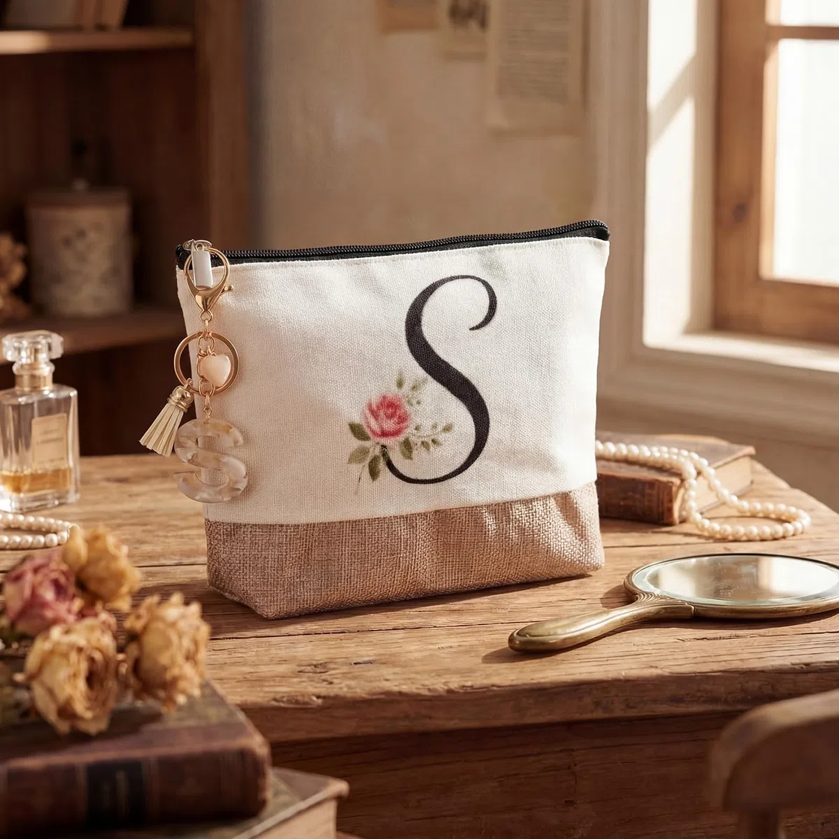 Hestya Regalos con Letras para Mujer Bolso Tote con Inicial Bolsa de Maquillaje Taza de Café Llavero Cinta de Encaje Tarjeta Regalos de Cumpleaños para Ella Esposa Mamá Amiga Damas de Honor