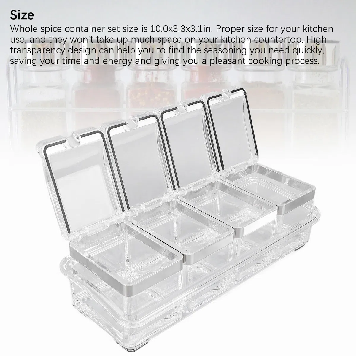 Caja de condimentos transparente de 4 celdas, caja de condimentos acrílica, macetas con cuchara para azúcar, sal, azúcar, cardamomo, canela