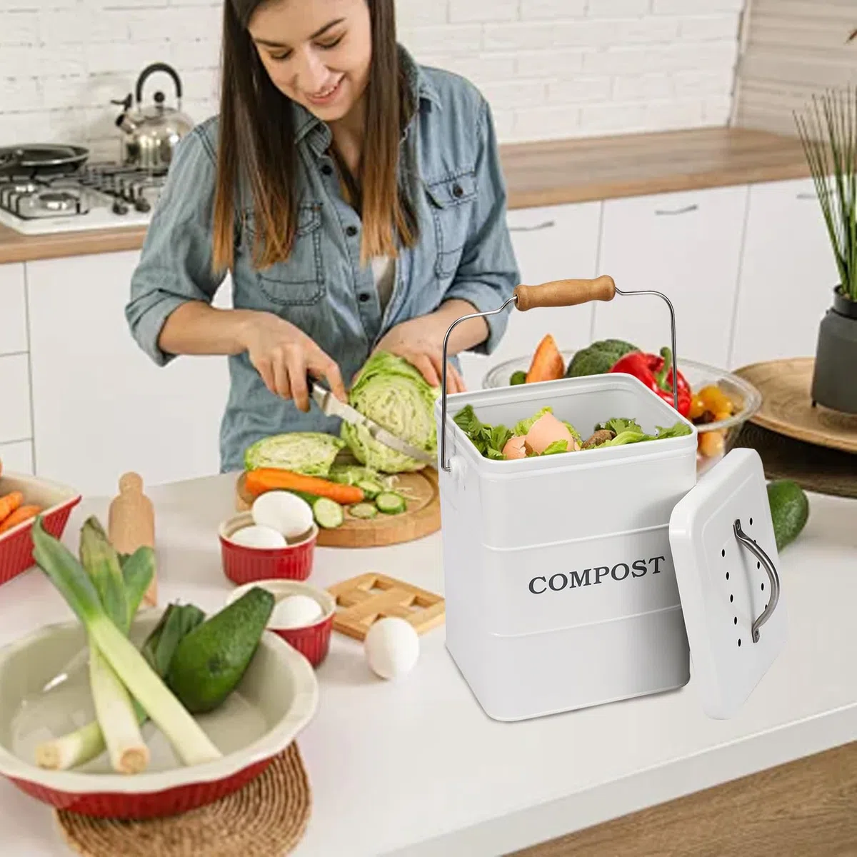 Cubo de Compostaje para Cocina 6L con Filtro de Carbón - Cubo Pequeño para Basura Orgánica, Acero Inoxidable Anticorrosivo, Ideal para Desechos de Alimentos y Reciclaje en Encimeras Blanco