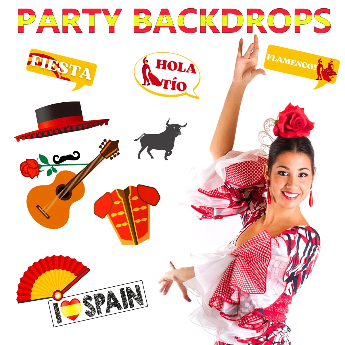 Htabiol Accesorios para fotomatón de España, 37 Piezas de decoración de Fiesta española, Rojo, Amarillo, Cultura española de Dibujos Animados, cartulina, Accesorios de Cabina de Fotos de Fiesta