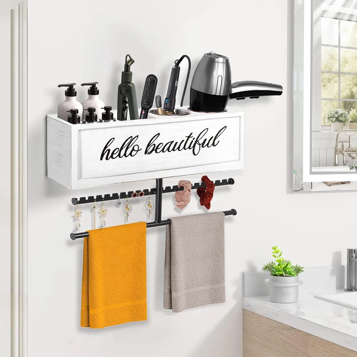 Soporte rústico para secador de pelo montado en la pared, organizador de herramientas y accesorios para peinar el cabello, suministros de baño y herramientas calientes, organizador de tocadores, para