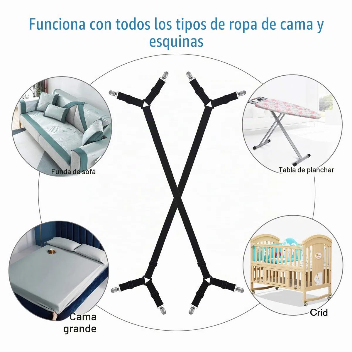 WADEO 2 Soportes Cruzados Ajustables para sábanas de Cama, Sujetadores, Clips de sujeción, Correas de Tirantes, adecuados para Todos los colchones Cuadrados (Paquete de 2, Negro)