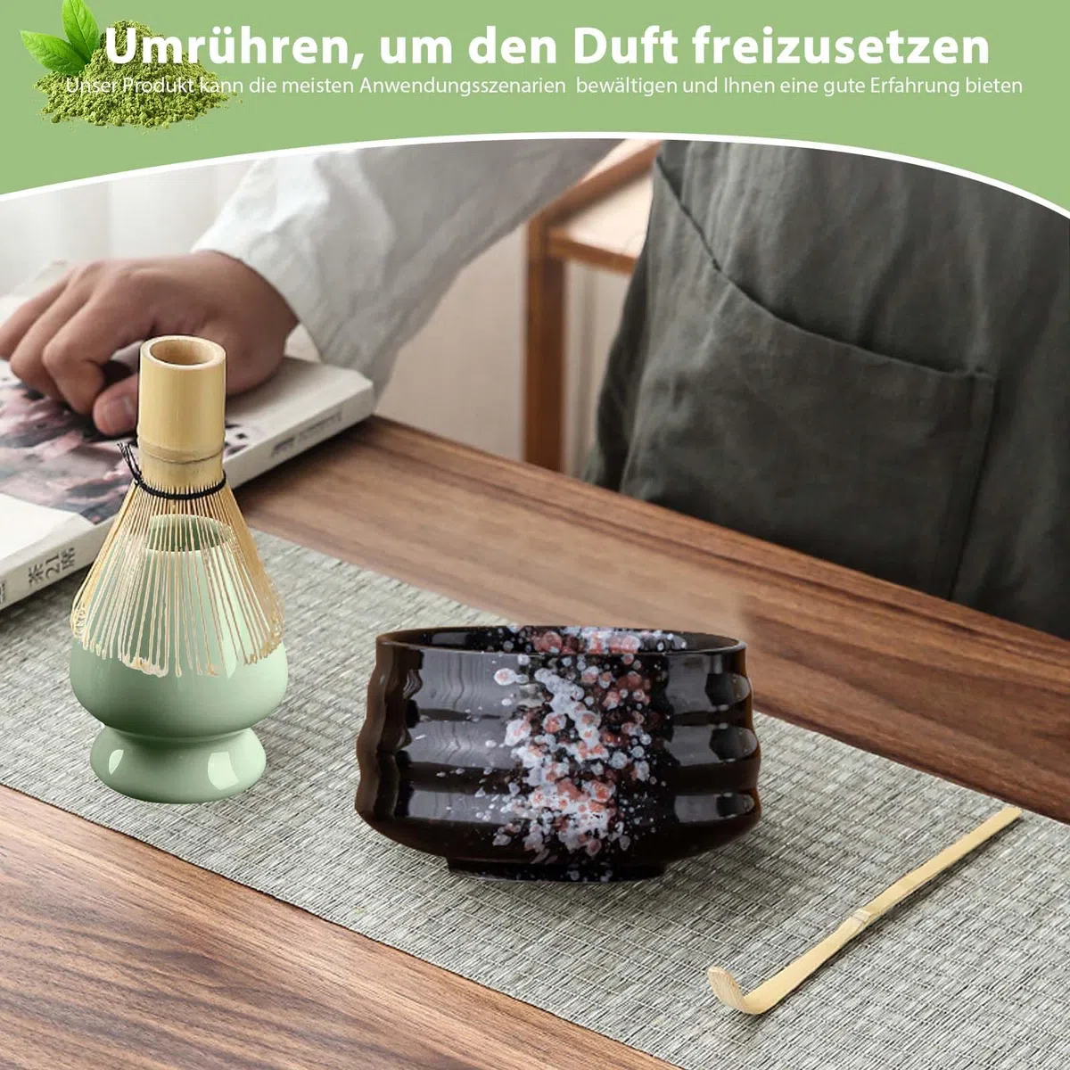 BAIFULAI Juego de 5 Matcha, juego de té matcha, juego de batidores Matcha, cuenco de cerámica, cucharilla, soporte para batidor, accesorio japonés para ceremonia matcha