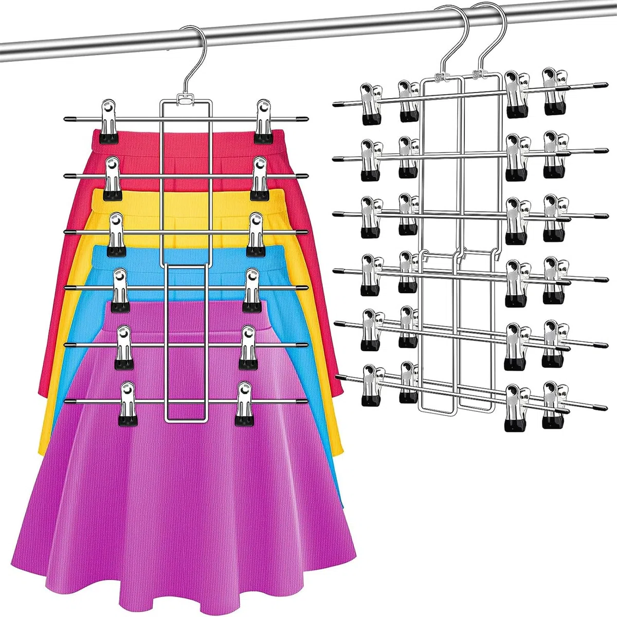 3 Piezas Perchas para Falda con Clips, Perchas para Pantalones de 6 Niveles, Ahorrar Espacio para Armario, Antideslizante, para Ropa, Vaqueros, Corbatas, Bufandas, Vestidos, Toallas