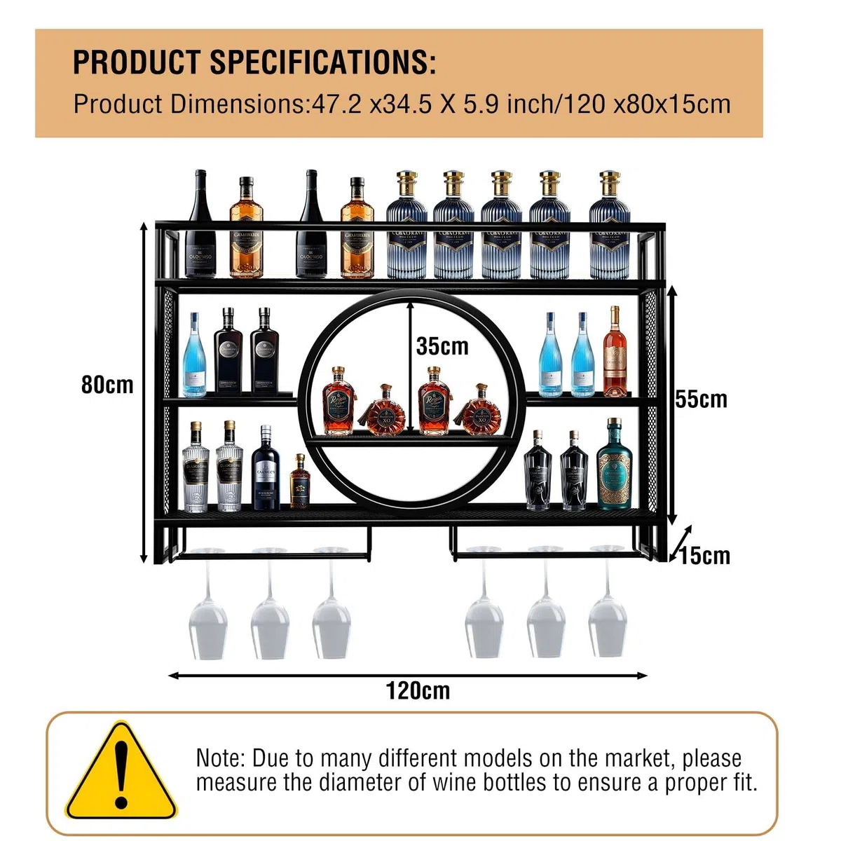 Estantería industrial para vino montada en la pared, soporte flotante para exhibición de vino con LED y rayas de sombreado, estantería multifuncional para el hogar, restaurante, bares (Black, 120CM)