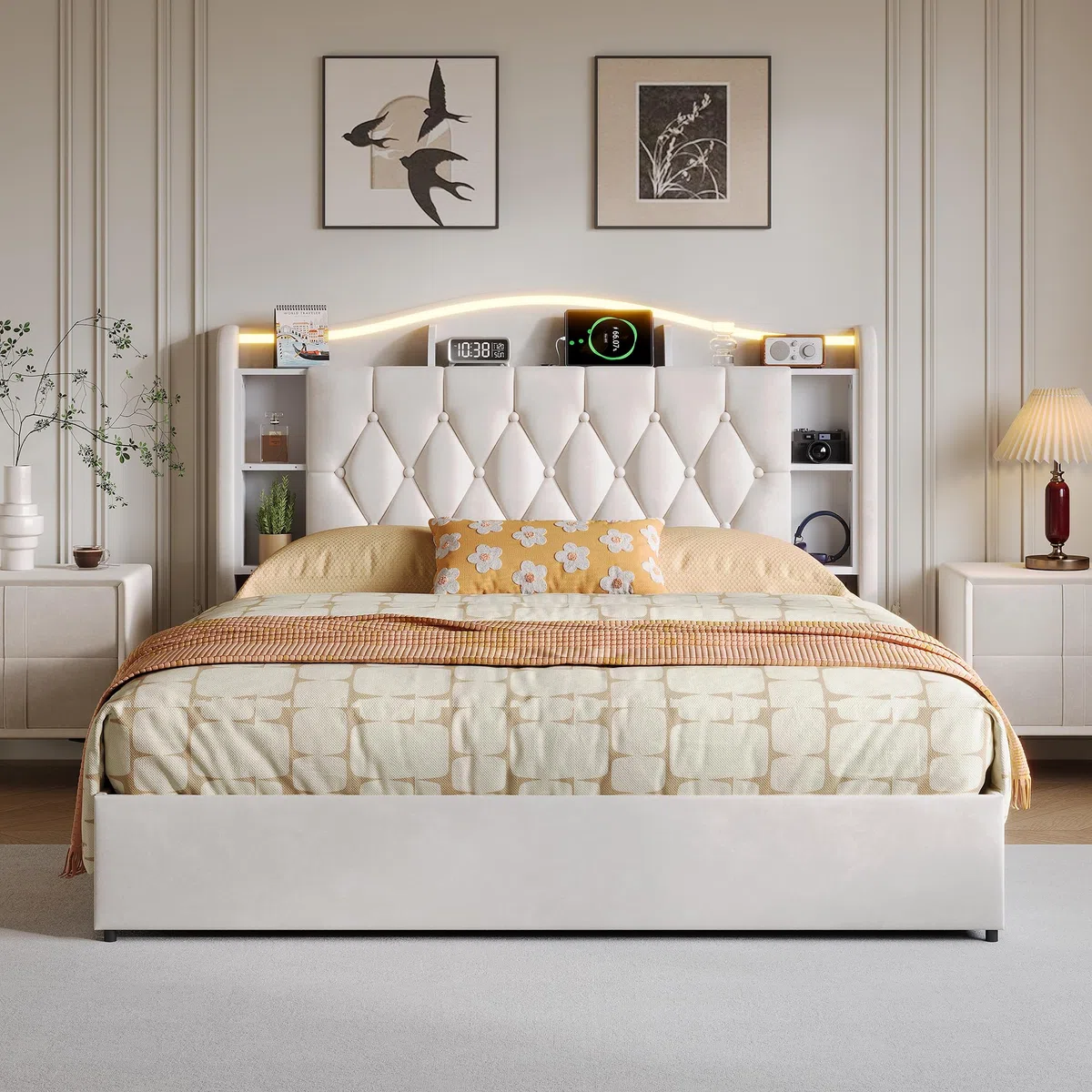 Cama tapizada de 160 x 190 cm con espacio de almacenamiento, cama doble con LED, cama hidráulica con somier, cama con somier, cama juvenil con espacio de almacenamiento y cabecero, para