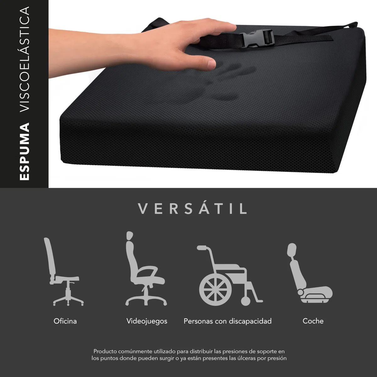 AIESI® Cojín Antiescaras para silla de ruedas y sillon (cm 44x44x8h) de espuma de poliuretano con almohadilla interior de gel viscoelástico y correa de sujeción, Certificado CE, Garantía de 24 meses