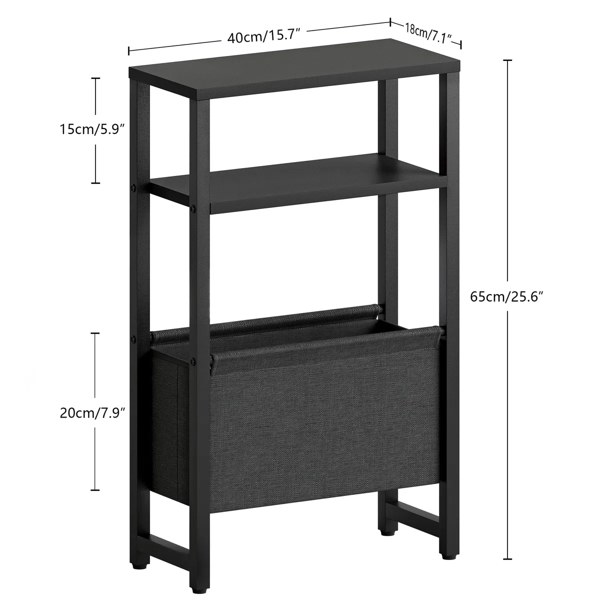 Mesa Auxiliar De 3 Niveles para Espacios Pequeños Mesa Lateral Delgada con Cesta de Tela de Almacenamiento Mesita De Noche Mesas Auxiliares para Sofás para Sala De Estar Dormitorio Negro LET503B