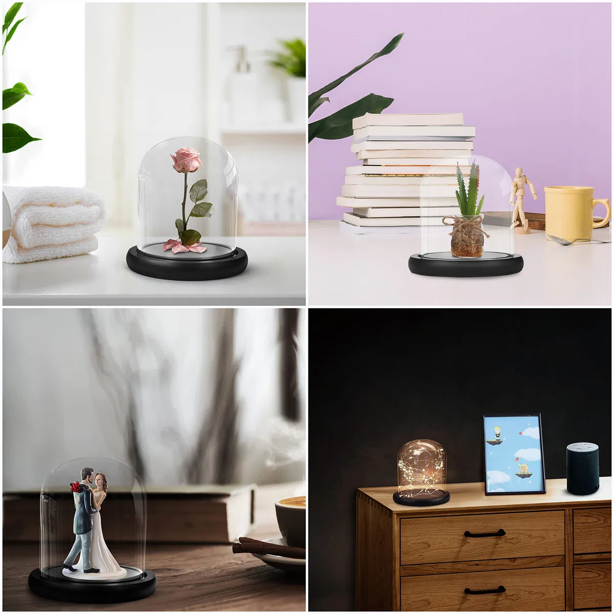 Belle TE 10 cm Campana de Cristal con Base Negra de Madera – Mini Campana de Cristal Transparente para Luces, Plantas, decoración de Mesa