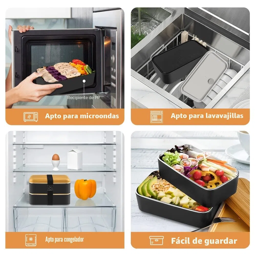 Fiambrera, Bento Lunch Box Estilo Japonés con Bolsa Termica Porta Alimentos, Cuchara y Tenedor Para Adultos Niños