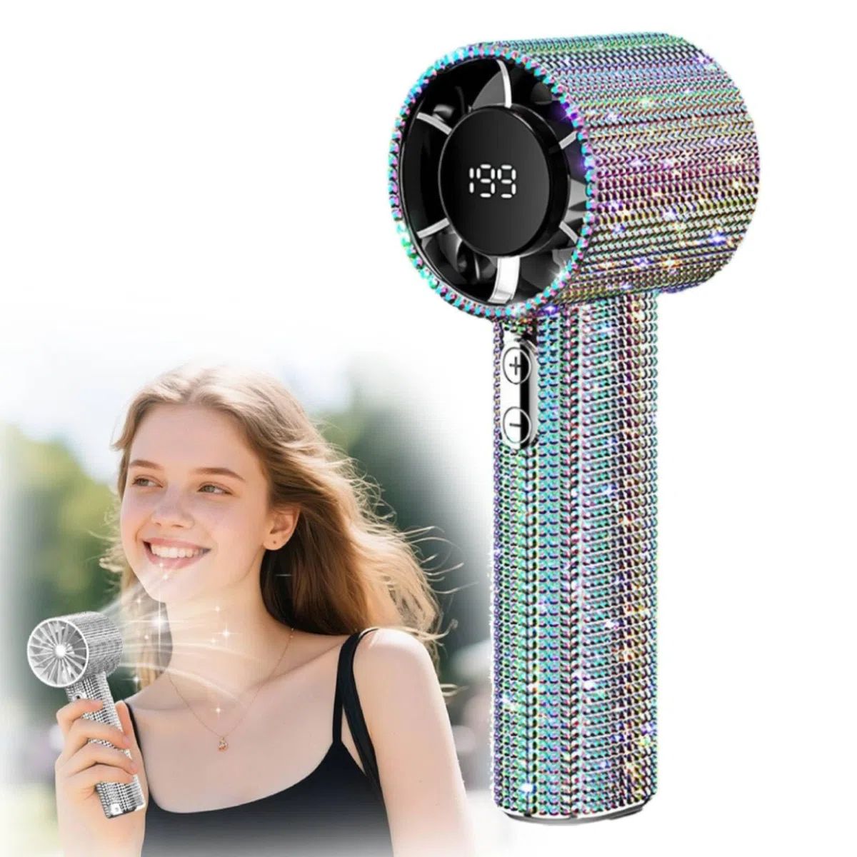 Full Diamond - Ventilador turbo portátil de mano, con batería recargable de larga duración, con pantalla digital y viento de 199 velocidades, para actividades al aire libre, viajes, oficina