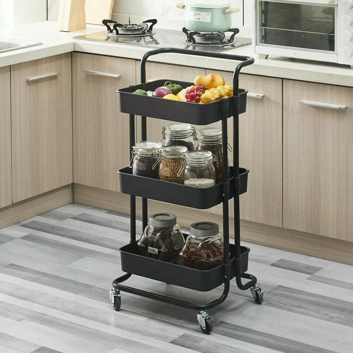 Wintem Carro de Cocina Ahorra Espacio con Ruedas y 3 estantes, 42 x 37 x 77 cm, Color Rosa – Ofrece Suficiente Espacio para Objetos de Diferentes Dimensiones y es fácil de maniobrar Incluso Cuando –