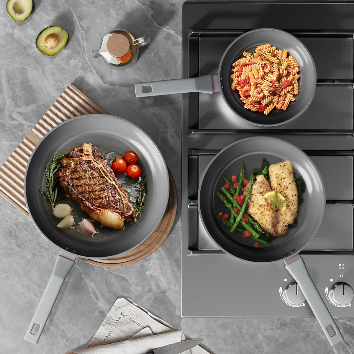 Sanho Juego de sartenes antiadherentes, sartén de cerámica de titanio diamante con mango de electrowood, 8, 10, 12 pulgadas, utensilios de cocina no tóxicos (libre de PFAS/PTFE/PFOA), apto para