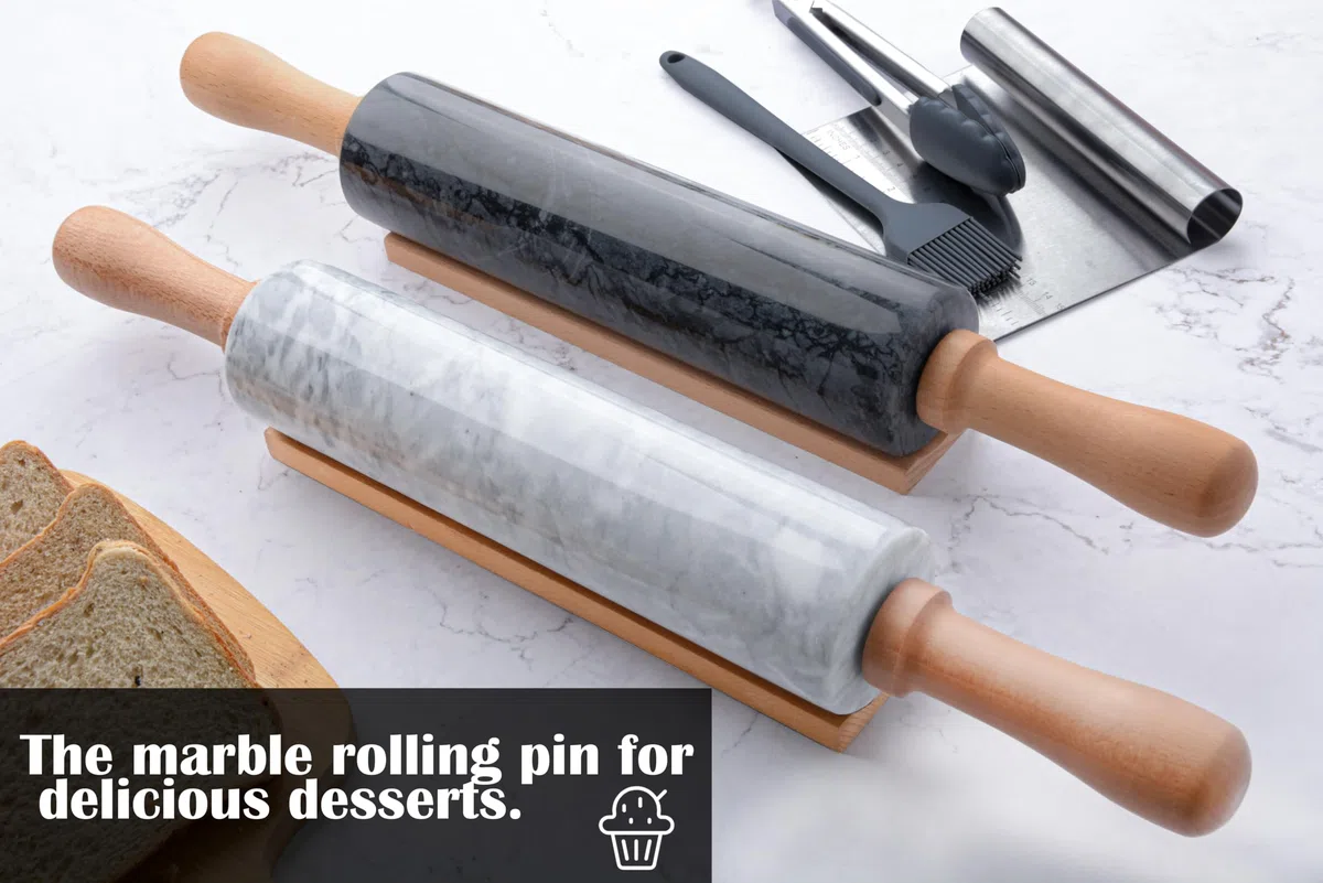 Juego de rodillos de mármol con alfombrilla de silicona para repostería, raspador de acero inoxidable, cepillo de silicona, pinzas de silicona, rodillo antiadherente pulido de 18.5 pulgadas