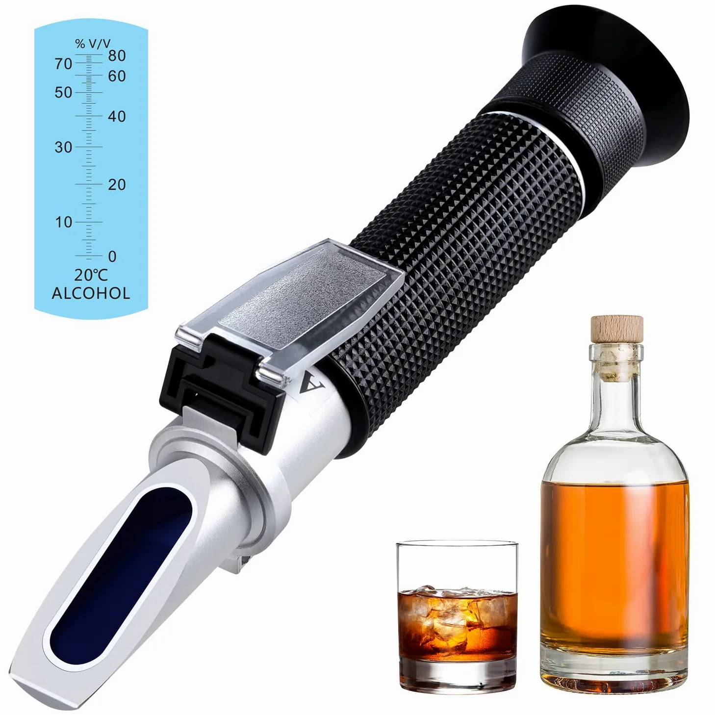 Refractómetro de alcohol, refractómetro de alcohol (0–80% v/v) para licores destilados, medidor de contenido de alcohol en productos alcohólicos – No apto para cerveza o vino