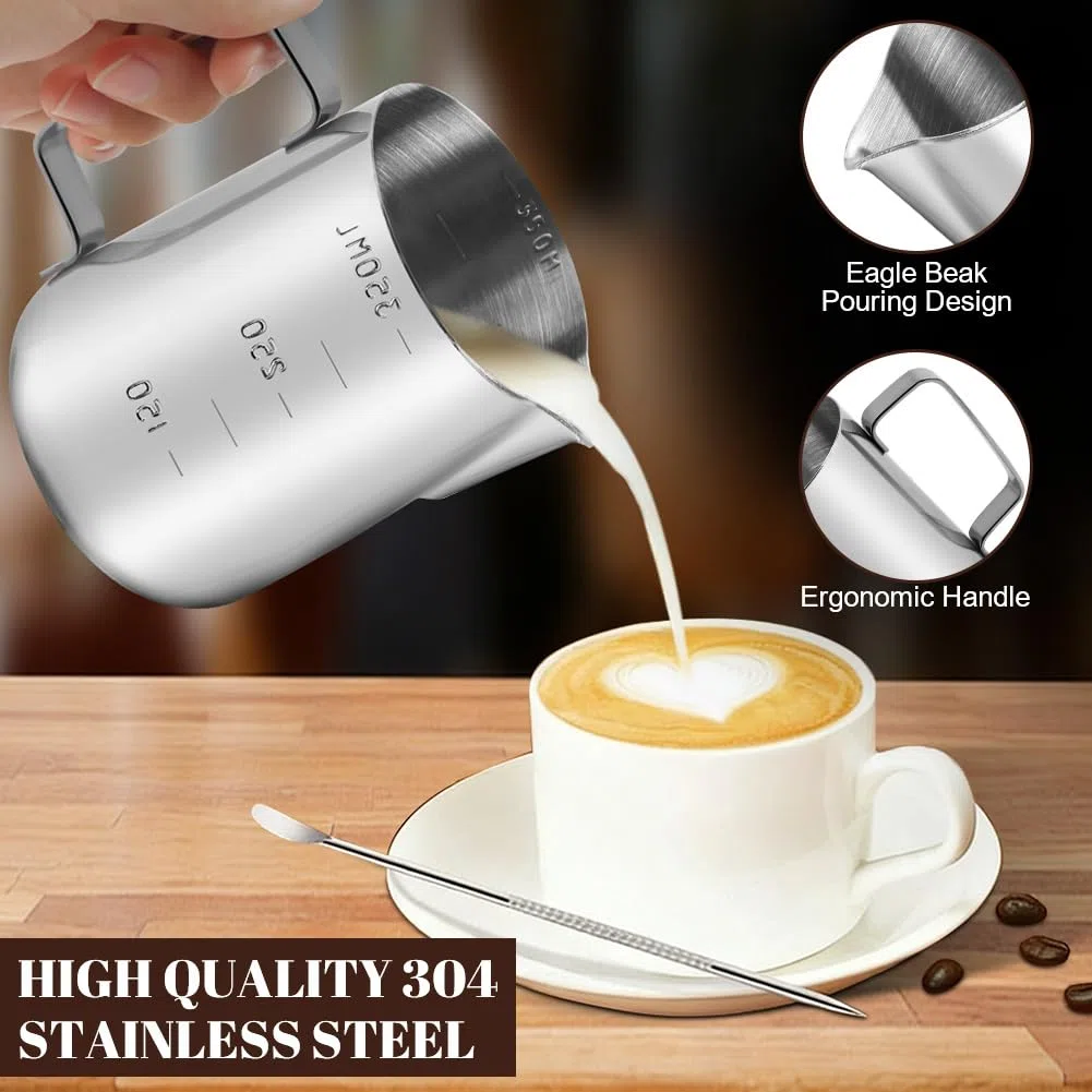 Vicloon Juego Café Tamper, 51mm Prensador Café 304 Acero Inoxidable 23 Piezas Profesional con Jarra de Leche 350 ml Agitador Aguja Plantillas Lápiz para Arte Latte Cuchara Toalla de Barista Tapete