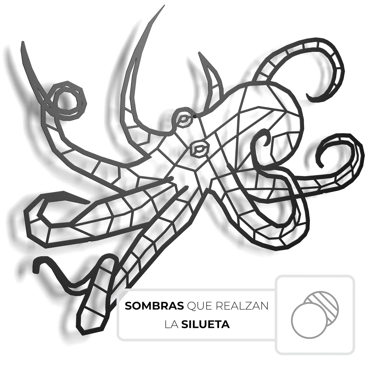 Decoración de metal. Escultura de pared flotante, con sombras, de acero. (Pulpo, 43 x 31 cm)