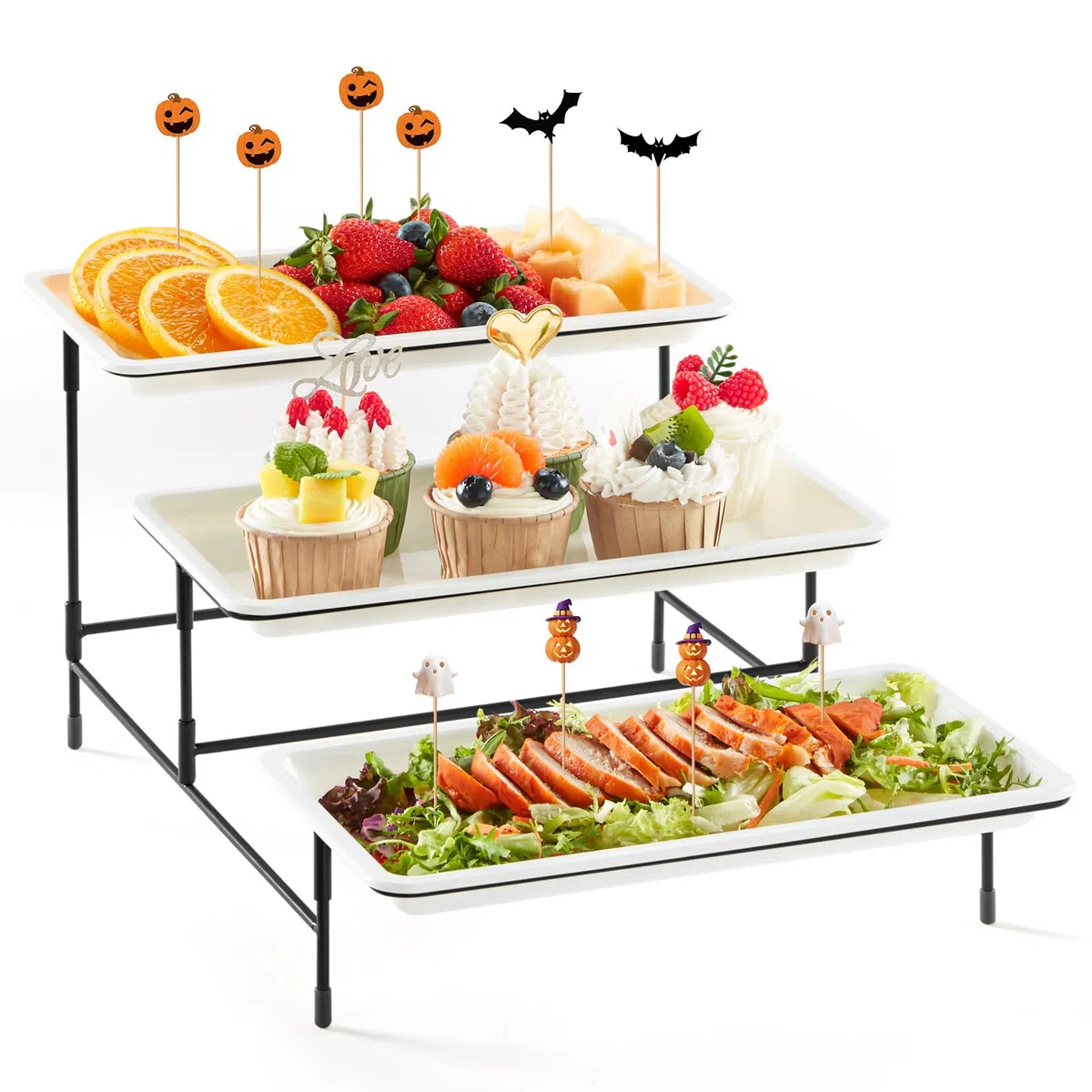 Bandeja de 3 Niveles para Fiestas Lifewit, Bandejas de plástico de 30x17cm para Alimentos, Bandejas Reutilizables Blancas con Soporte de exhibición de Metal Negro para Alimentos