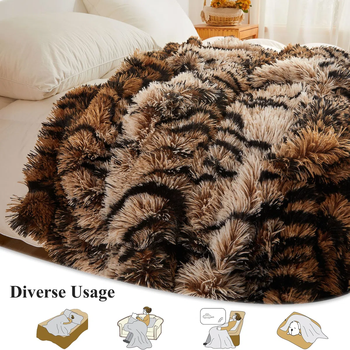 XeGe Manta de piel sintética de lujo, suave con estampado de tigre, manta de cama grande y esponjosa, manta decorativa de felpa lanuda para sofá cama, estampado de tigre marrón, individual/doble
