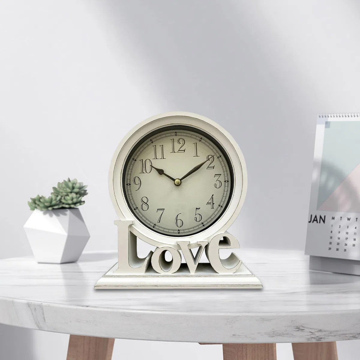 Reloj de escritorio redondo Relojes de repisa Relojes de estante silenciosos Relojes de mesa Chimenea Sin tictac Digital para bodas Decoraciones de, Blanco
