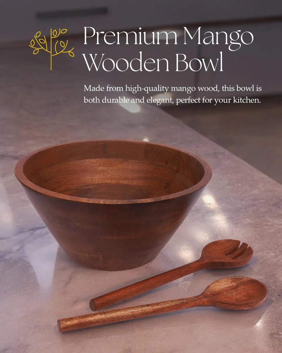 Tarli Juego de cuencos grandes de madera con tenedor y cuchara para frutas o ensaladas, cuenco de 12 pulgadas hecho de madera de mango de alta calidad con acabado natural, frutas, patatas fritas,