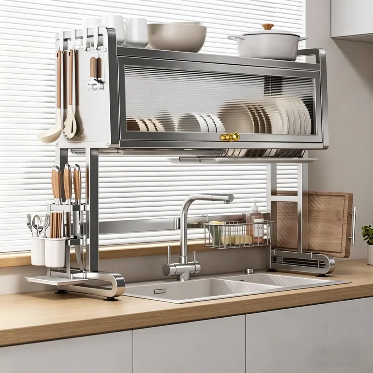 Escurridor de platos de acero inoxidable para colgar sobre el fregadero, almacenamiento de cocina con puertas de armario, soporte para cubiertos, organización para platos y vasos, práctico ahorro de