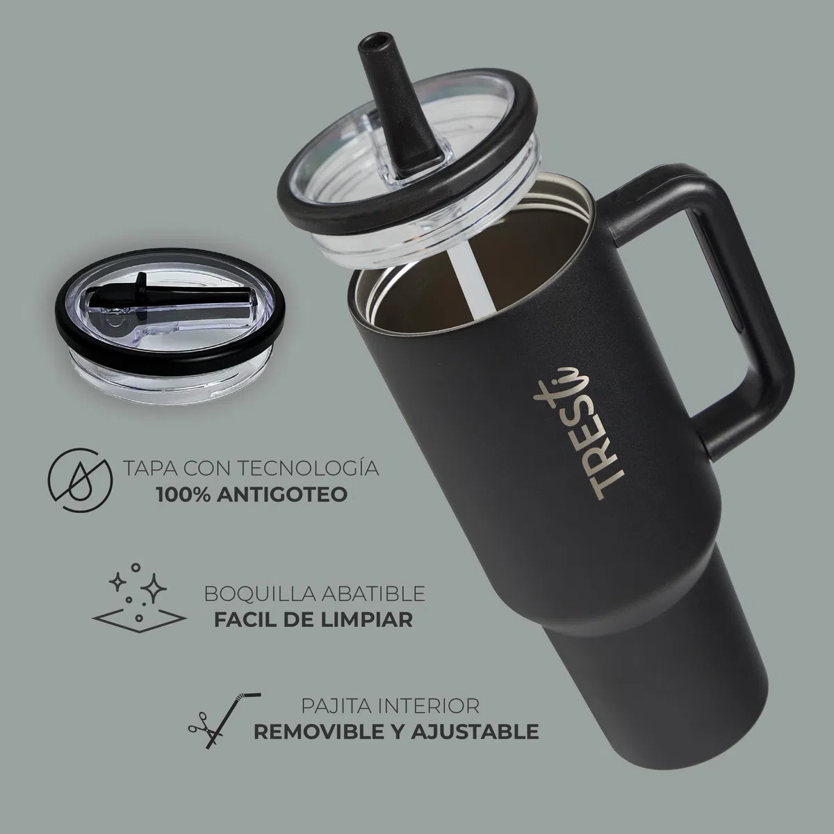 Tumbler Térmico 1,2L (40oz) con Asa y Pajita Abatible - Termo de Acero Inoxidable 100% Antigoteo - Vaso Térmico EcoSostenible - Mantiene Frío 12H y Calor 6H - Negro