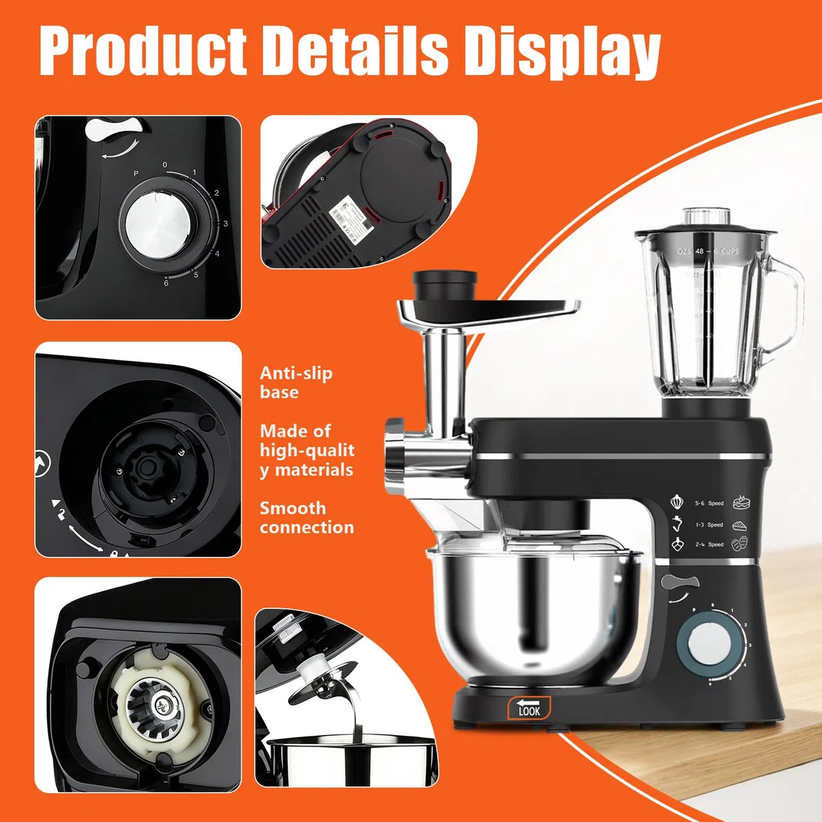 5 en 1 Robot de Cocina – 1400W – con Picadora de Carne, 1,5L Batidora de Vaso, Accesorios – Batidora Amasadora con Bol 10L, Batidor, Gancho Amasador, Gancho para Mezclar Black