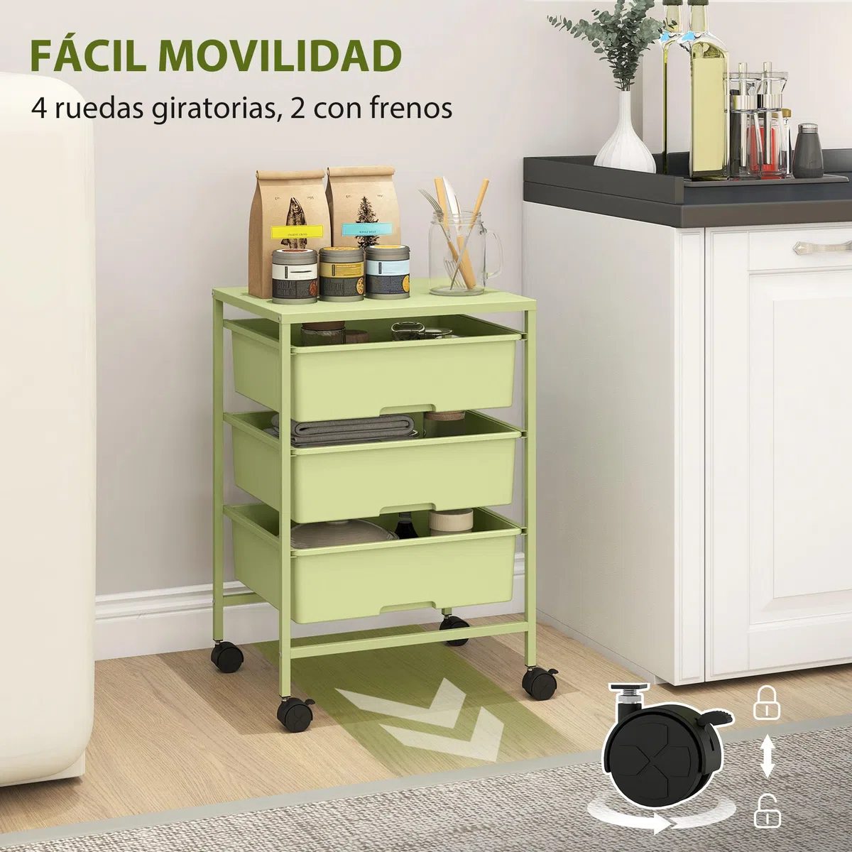 HOMCOM Carrito de Almacenamiento de 4 Niveles, Carrito de Cocina con Ruedas, 3 Cestas, Tablero y Marco de Acero, para Salón, Baño, Oficina, 40,8x33,5x60,5 cm, Verde