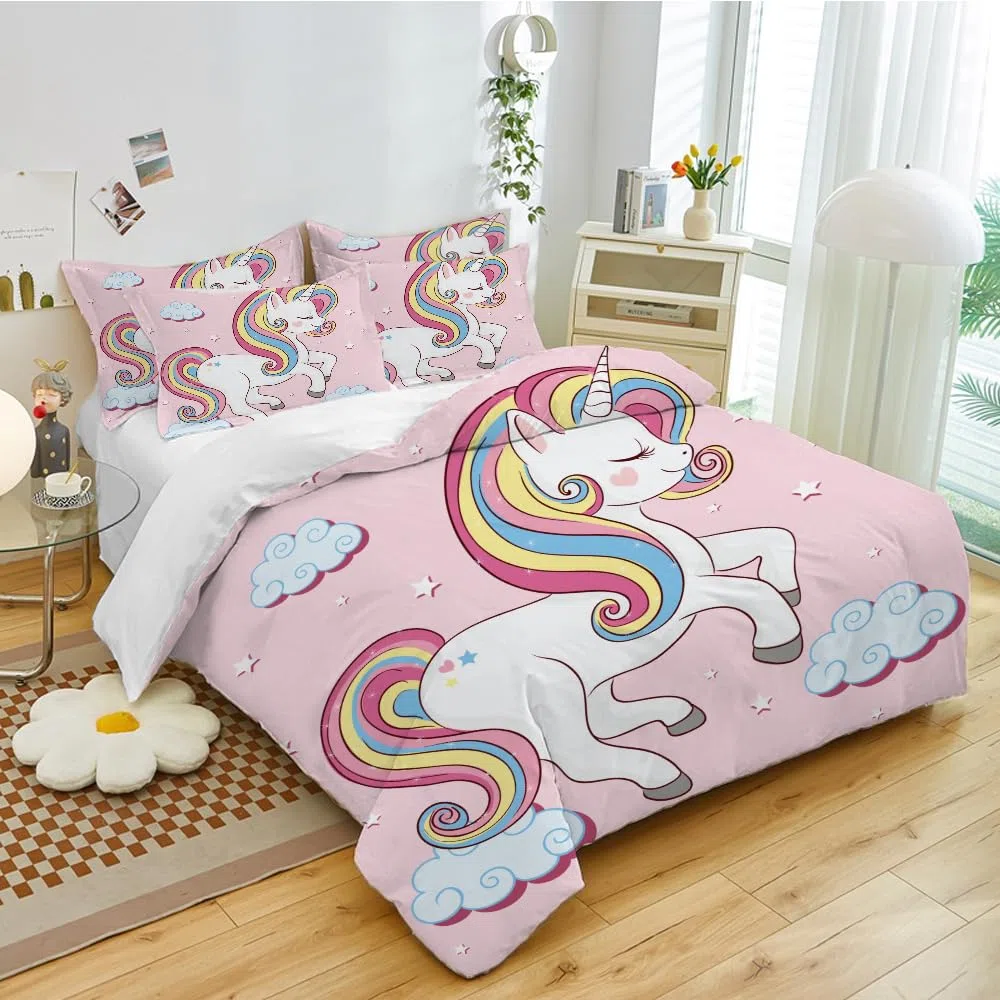 Juego de 3 fundas de edredón para niños y niñas con dibujos animados de unicornio, lindo unicornio, arcoíris y unicornios para niños y niñas (B, 135 x 200 cm)