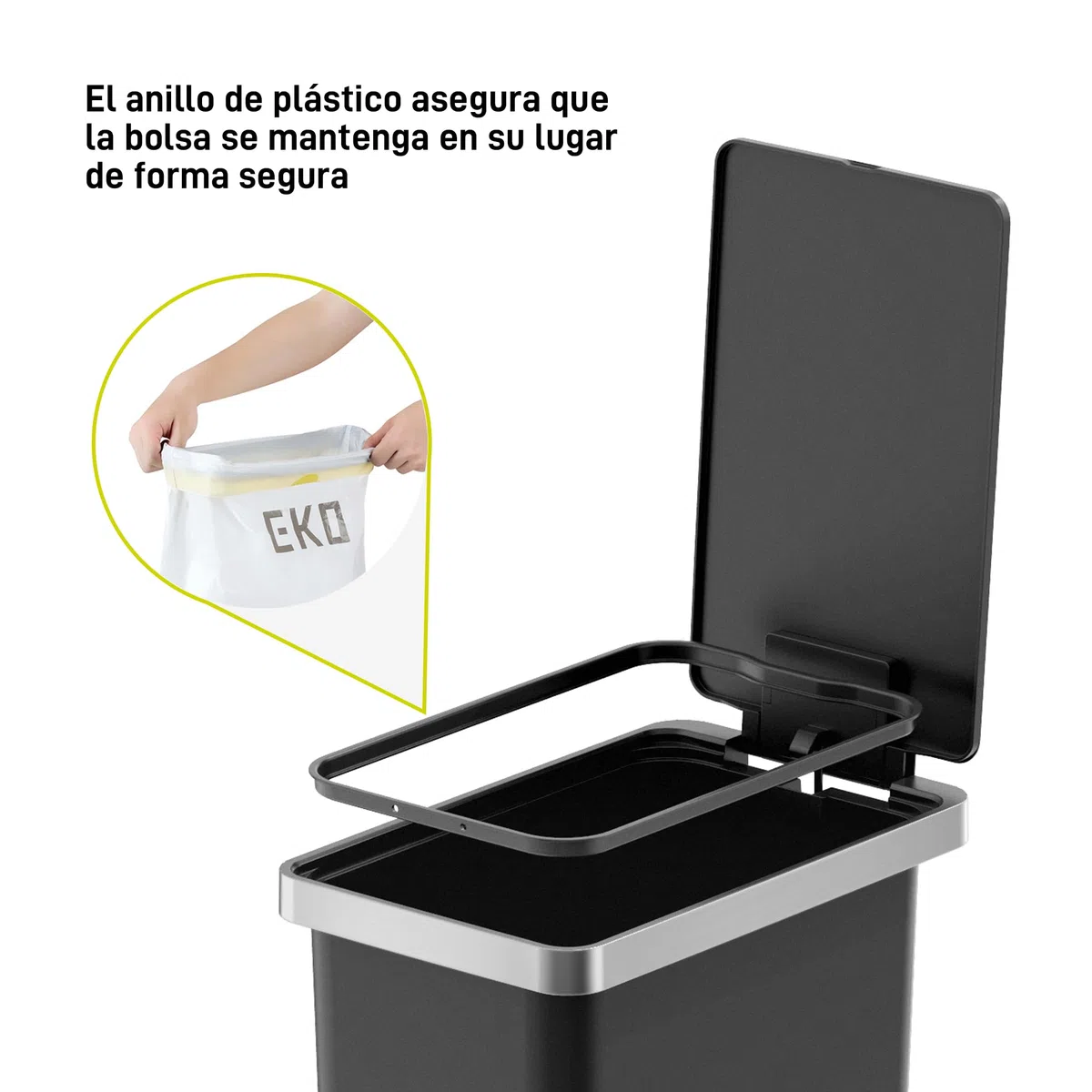 EKO Hana | Cubo de Basura Cocina 30L Negro con Pedal y Cierre Suave | Papelera de Plástico Moderna y Compacta para Cocinas Ordenadas