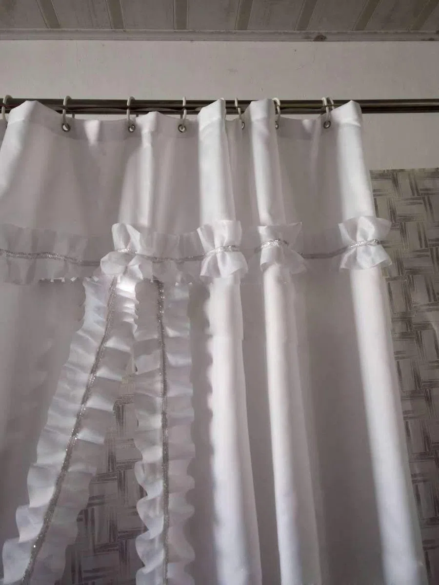 Cortina de ducha impermeable antimoho, 183 x 183 cm, encaje blanco de poliéster con 12 anillos, elegante decoración de baño, resistente al moho, fácil de limpiar