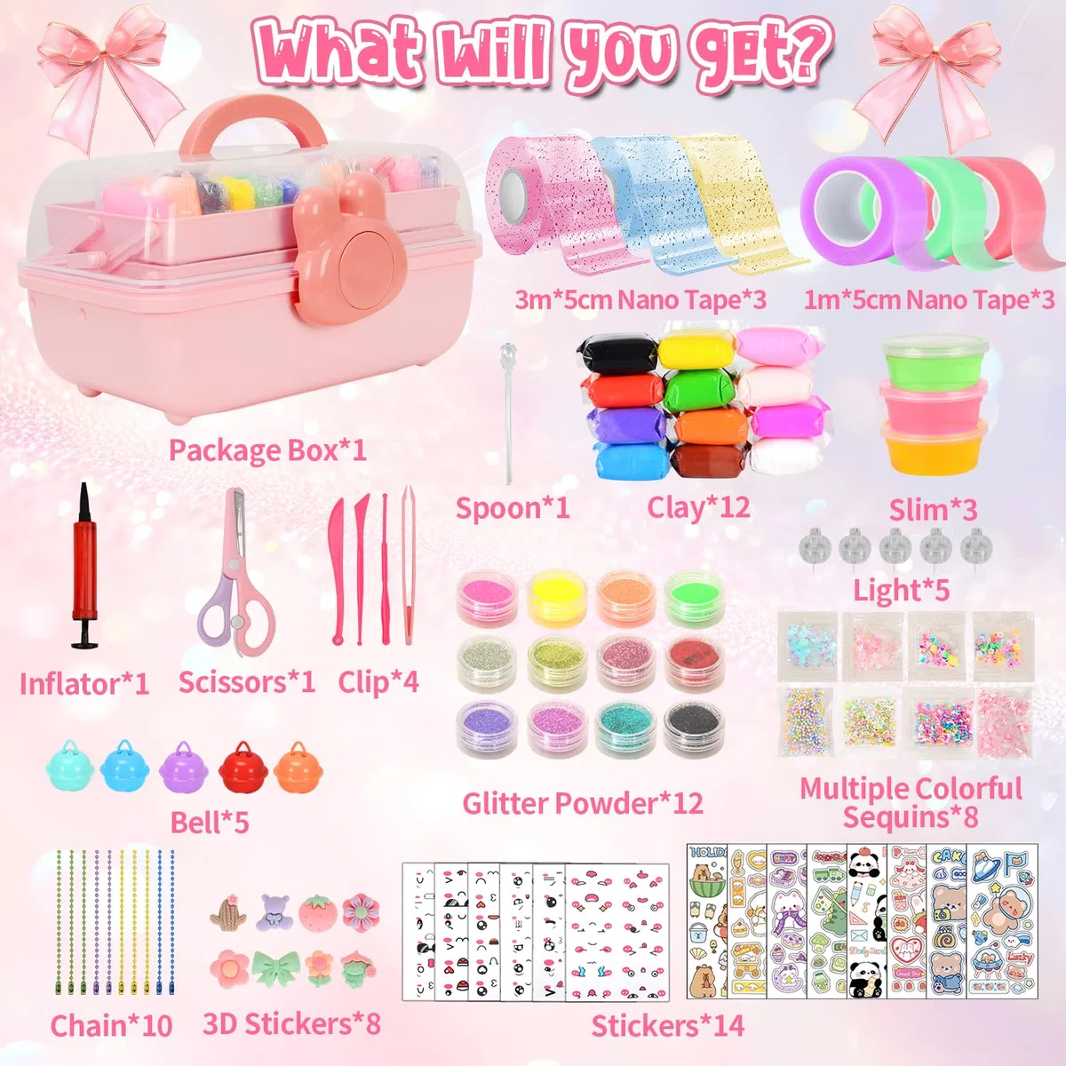 VICTERR Cinta Nano Tape Burbujas, 6 Piezas Nano Tape Bubble Kit de Manualidades Niños con Arcilla, Polvo de Purpurina, Pegatinas, Creativo Juego Niño Niña Regalos Cumpleaños Navidad