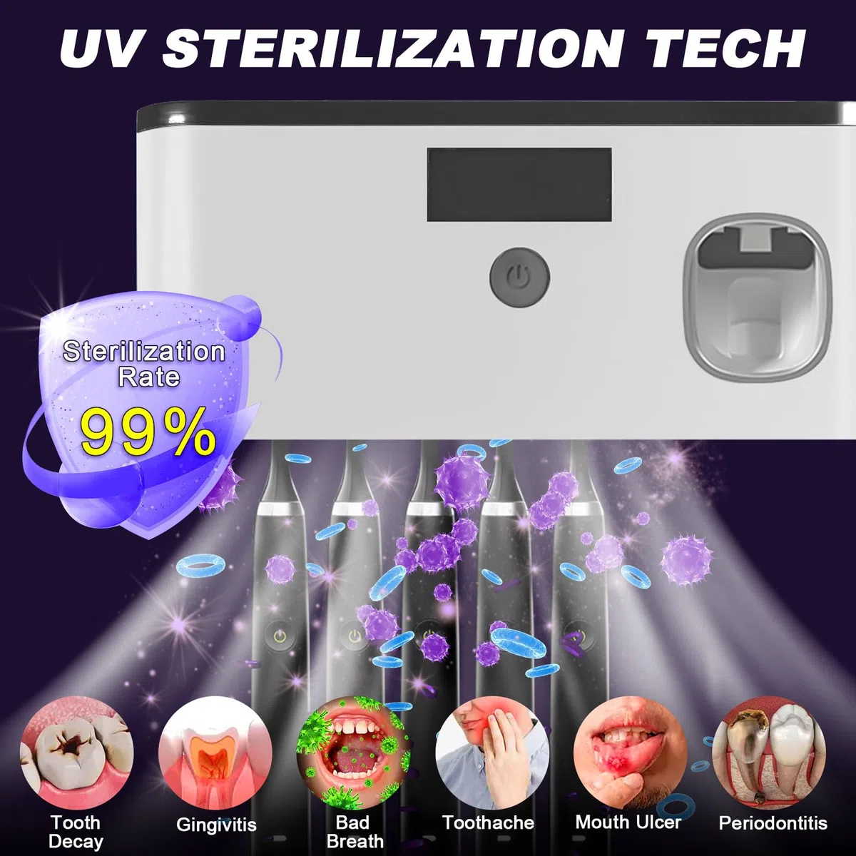 Soporte Cepillo de Dientes UV para 5 Cepillos de Dientes, Esterilizador Cepillo Dientes de Pared, Carga de Energía Lumínica, Dispensador de Pasta de Dientes Eléctrico para 60 días con Una Sola (Gris)