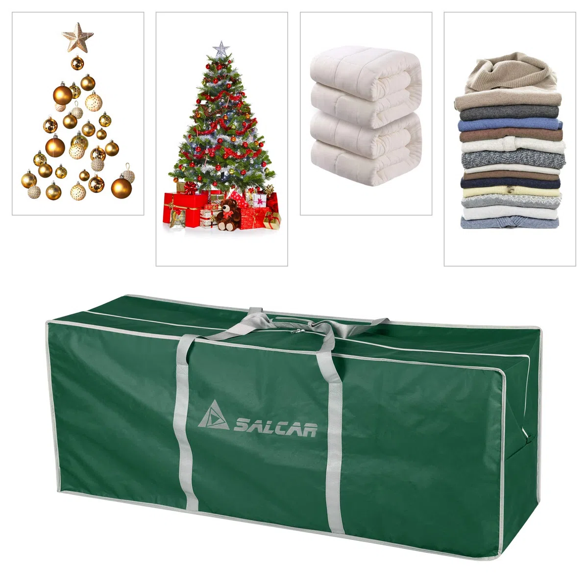 SALCAR Bolsa de Almacenamiento para árbol de Navidad, para Árbol de Navidad Artificial de 1,8 m / 2,1 m / 2,4 m / 2,7m, Tela Oxford 600D, Impermeable, a Prueba de Polvo, Plegable, con Asa- Verde,150cm