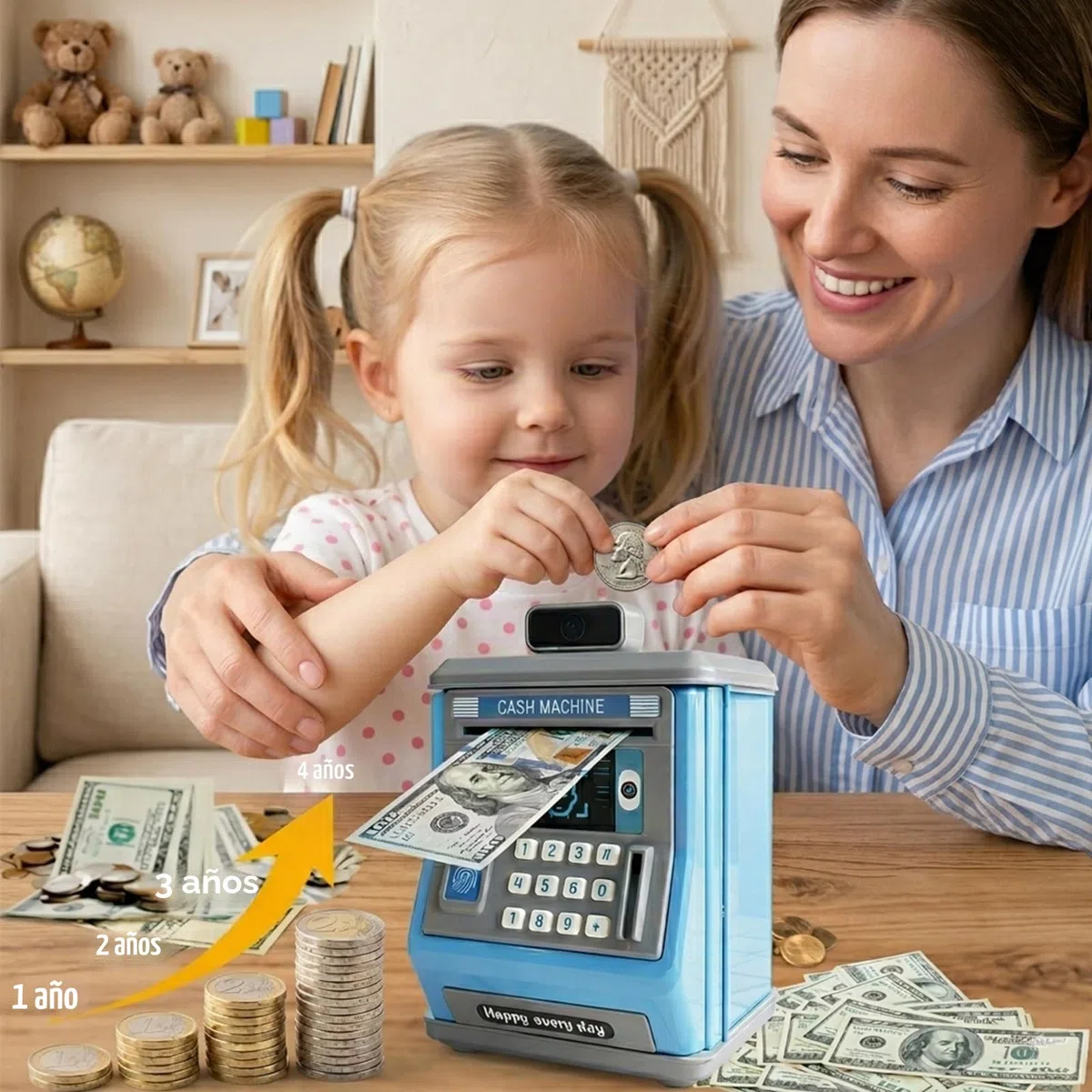 Hucha Electrónica para Niños y Niñas con Contraseña y Huella Dactilar, Cajero Automático de Juguete con Succión Automática, Huchas Originales Educativas, Regalo de Cumpleaños, 18x14x14cm, Azul