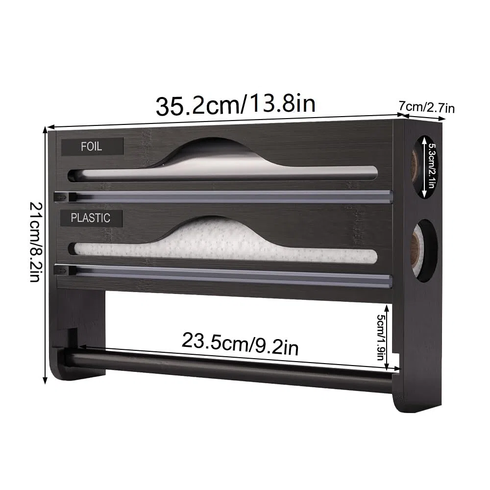Dispensador Papel Aluminio y Film 3 in 1 con Portarrollos Cocina Dispensador de Láminas de Madera Organizador para Aluminio y Fim, 35,2x21x7cm