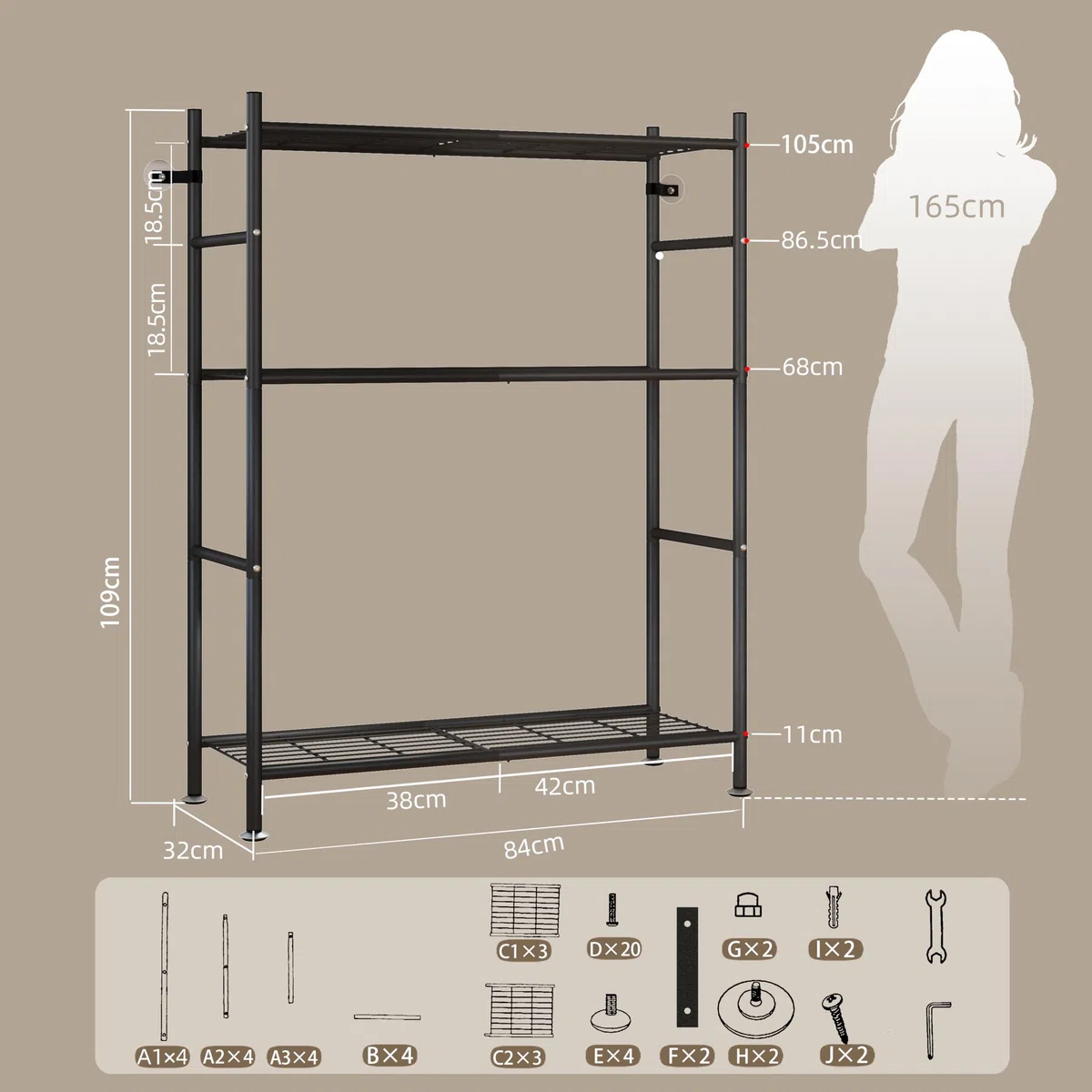 NETEL estanterias almacenaje Cocina de 3 baldas，estanteria Metalica,Altura de los estantes Regulable,Storage Shelves con 4 Ganchos,84 × 32 × 182 cm (L × An × Al)，Negro