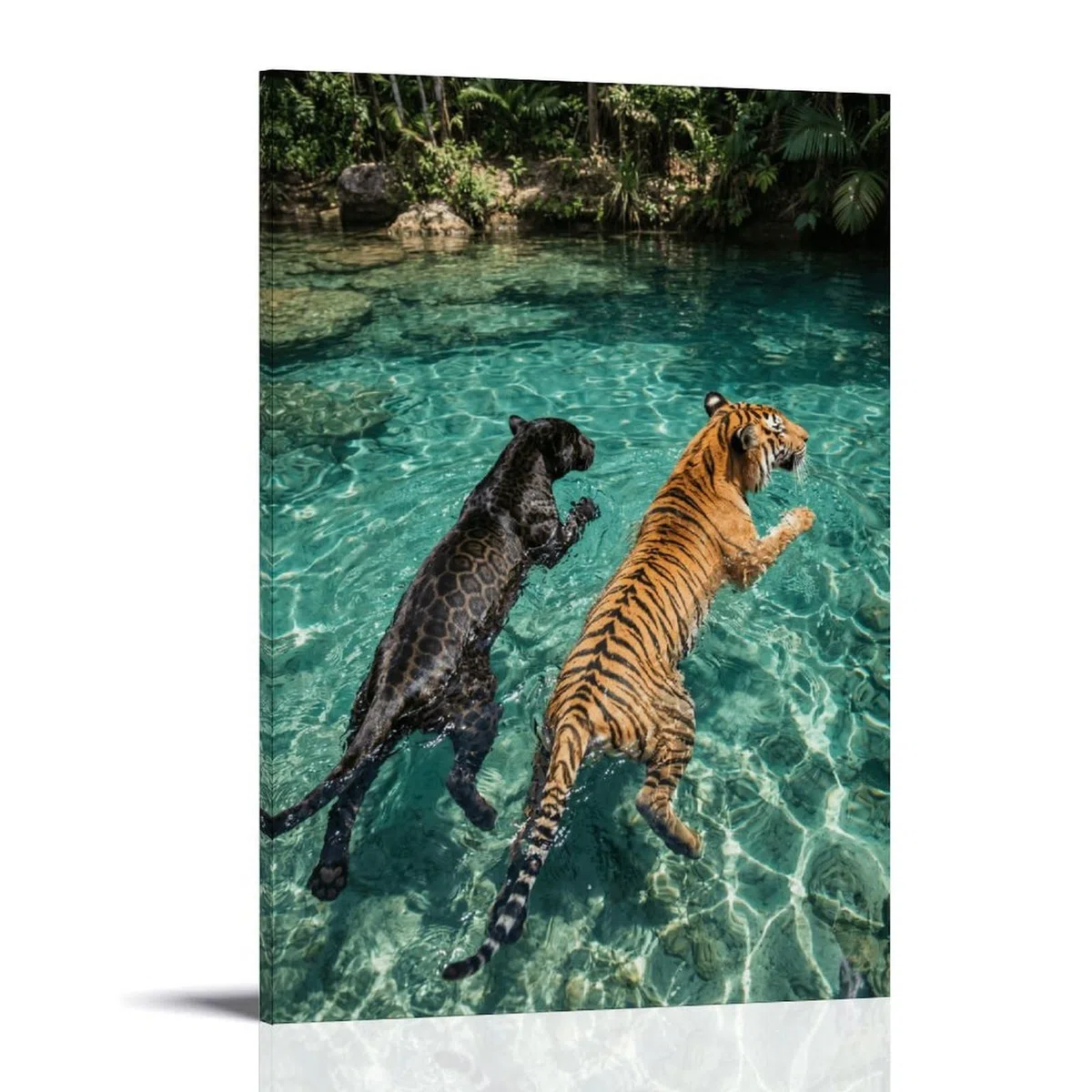 Póster de tigre y blanco nadando en el río de la selva, impresión en lienzo de gatos salvajes, arte de pared tropical para amantes de la naturaleza, 60 x 90 cm