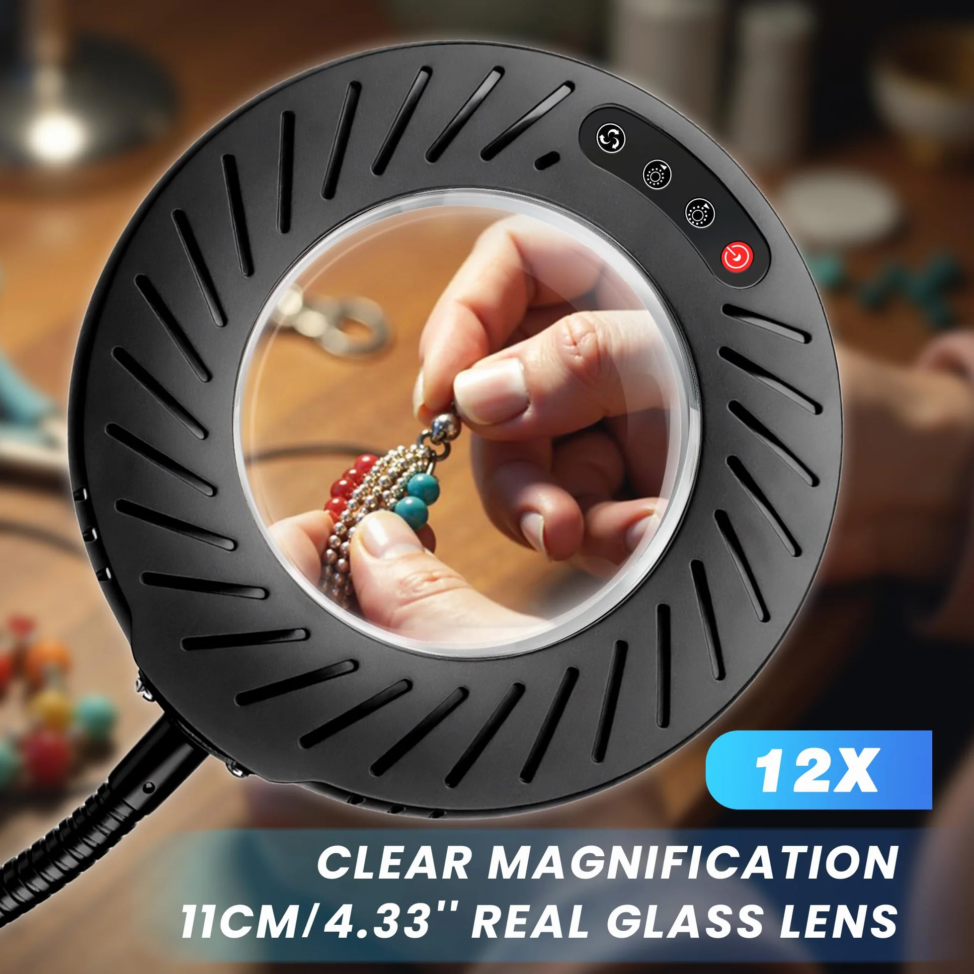 12X Lupa con Luz y Soporte & Mordaza, Adaptador 2A incluido, 5 Modos de Color 9 Brillo, Lupa de Trabajo con 144 LED para Trabajos de Precision Modelismo Pintura de Miniaturas Lectura Coser, Negro