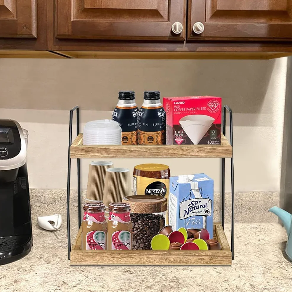 XUDREZ Organizador de estación de café para encimera, organizador de accesorios de barra de café de 2 niveles, almacenamiento de condimentos, estante de cocina de mostrador de madera para baño, cocina
