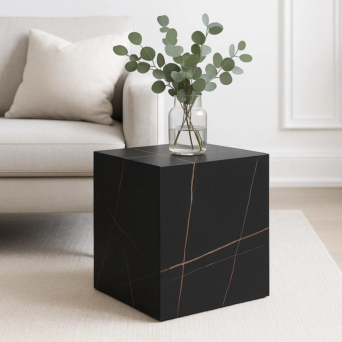 [en.casa] Mesa Auxiliar Ellelu en Forma de Cubo para Salón Dormitorio Recibidor Mesilla de Noche Montada Estable Versátil MDF 45 x 40 x 40 cm - Efecto Mármol Negro