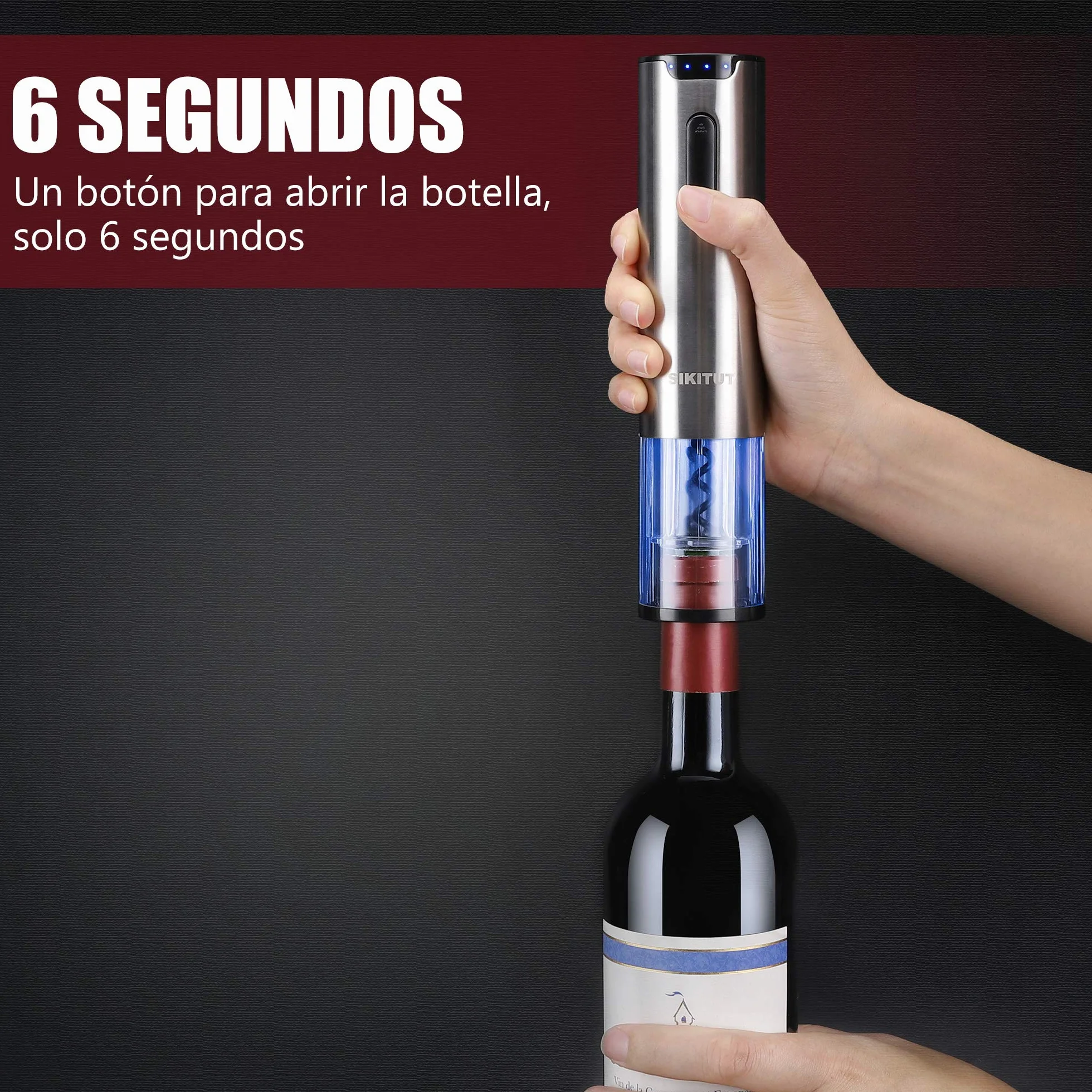 Sacacorchos Eléctrico,SIKITUT Abridor Botellas de Vino Inalámbrico,Automatico Abrelatas de Vino con Indicador LED de Batería y Base de carga USB y Cortador de Papel,Acero Inoxidable