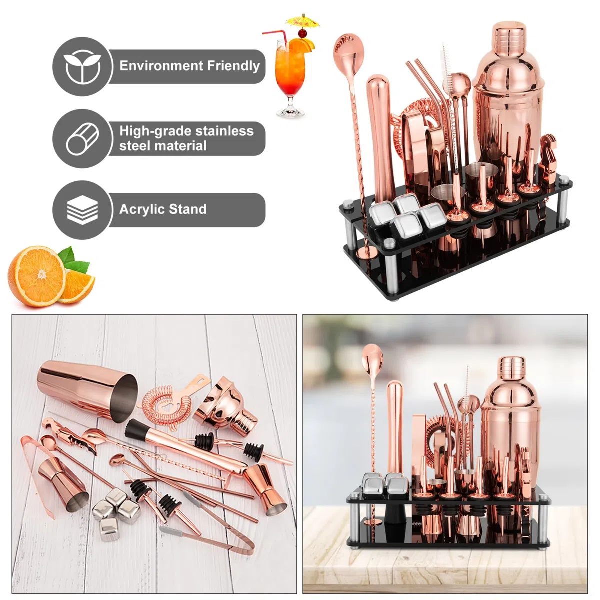 KinGrow Juego de coctelera de 23 Piezas con Soporte acrílico y folleto de Recetas de cócteles, Herramientas Profesionales de Bar para Mezclar Bebidas, hogar, Bar, Fiesta (Incluye 4 Piedras de Whisky)