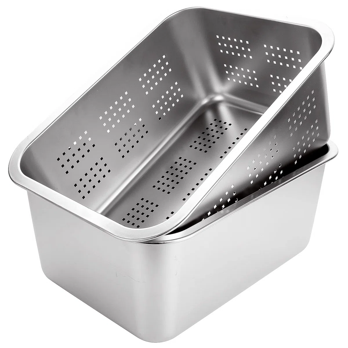 ASelected Juego de 2 cuencos de lavado y colador, acero inoxidable 304, rectangular, grande, 10 litros, colador, lavabo, plato, para preparación de alimentos de frutas y verduras, 33 x 24 x 15 cm