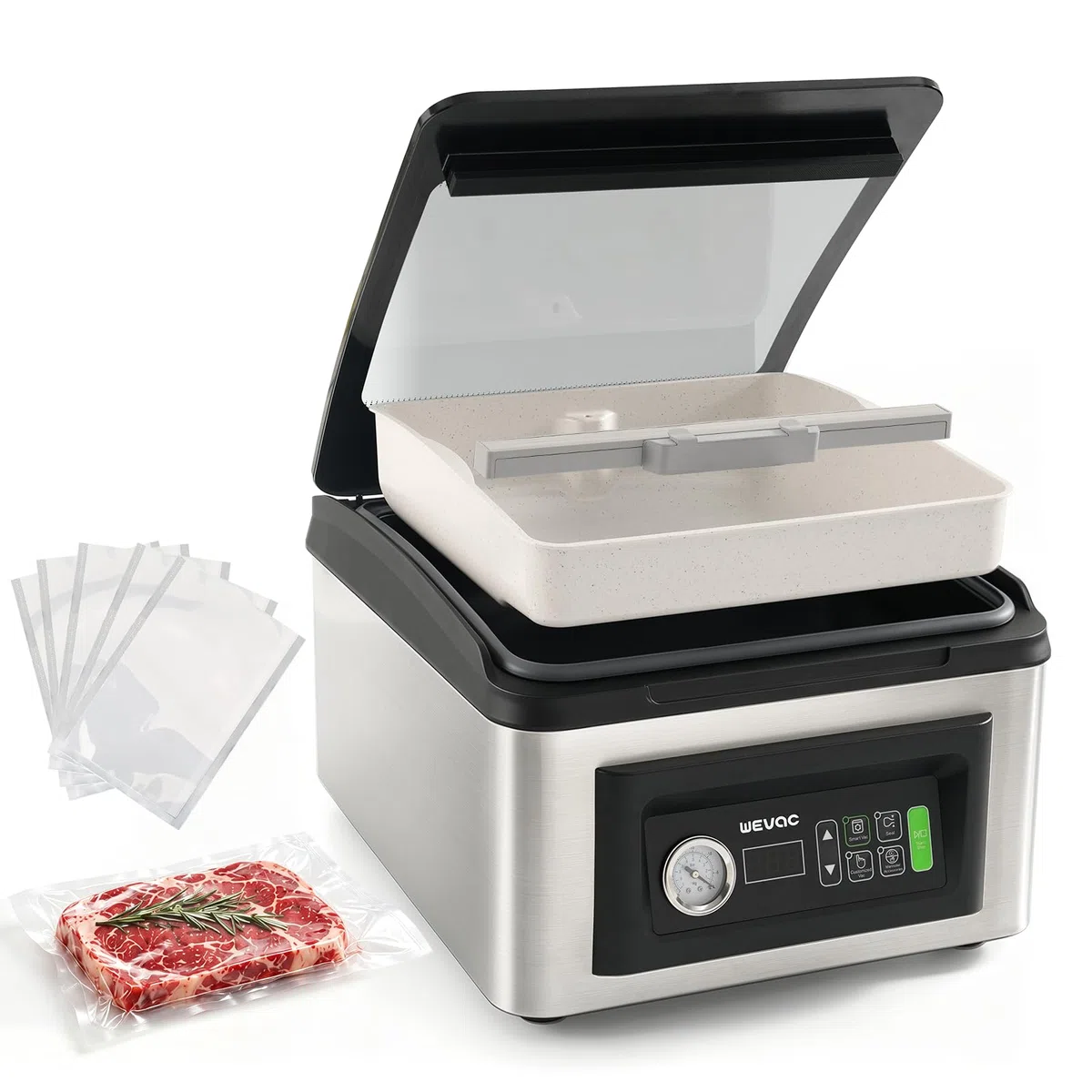 Wevac CV12Pro Envasadora al Vacío de Cámara 430W, Bandeja Extraíble&Lavable | Temporizador automático inteligente de vacío, cámara profunda y diseño fácil de limpiar, grado comercial