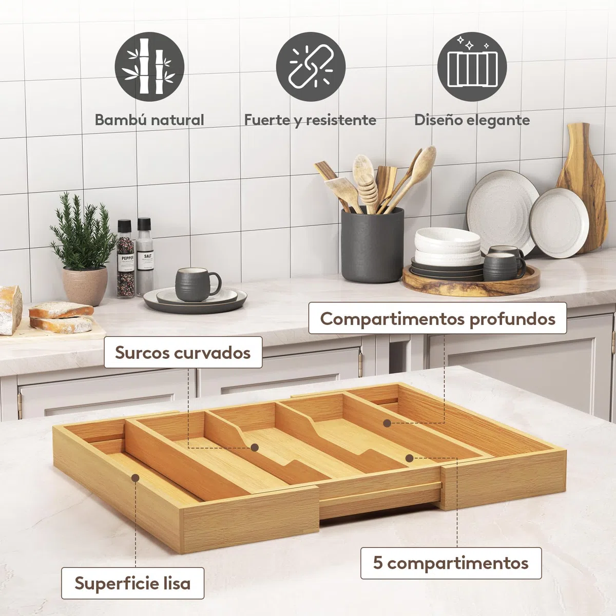 Lifewit Organizador Cajon de Utensilios Cocina, Bandeja para Cuchillos Extensible,Bambu Separador Set Cubiertos, Ajustables Divisores para Almacenaje Herramientas y Gadgets de Espátula, Grande Natural